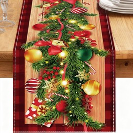 Meriviva Christmas Runners for Tables, Red Christmas Table Runner with Red Flower Xmas Tree Bells Print for Party Table Decoration Home Decor (B)