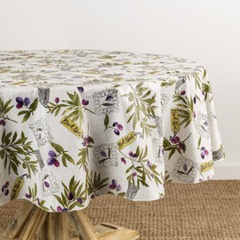 Elrene Home Fashions Montalcino Italian Olive Branches Water- and Stain-Resistant Vinyl Tablecloth with Flannel Backing, 70 Inches X 70 Inches, Round