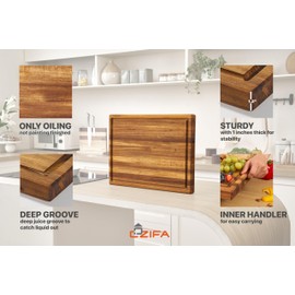 COZIFA Large Wood Cutting Board for Kitchen - Heavy Duty Thick Wooden Cutting Board Acacia - Solid Chopping Block with Juice Groove, Inner Handles, Natural Oil Wax Finish - 17x12 x1.2inches