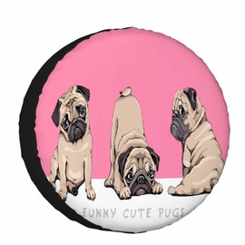 Pug Spare Tire Cover for RV Trailer Cute Pet Dog Animal Sitting in Different Poses Wheel Protectors Weatherproof Polyester Tire Case for All Cars SUV Camper Travel 15 inch