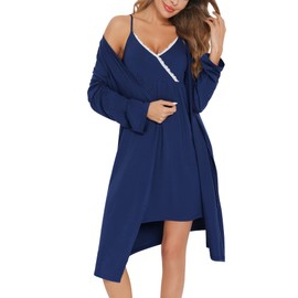SWOMOG Womens Maternity Robe 2PCS Nursing Nightgown for Breastfeeding 3 in 1 Labor Delivery Nursing Robe Set Lace Bathrobe Navy Blue