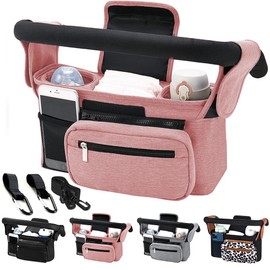 Tyuodna Universal Pram Organiser, Pram Bag with 2 Insulated Cup Holders, Buggy Organiser, Pram Bags with Shoulder Strap and Non-Slip Secure Hooks (Pink)