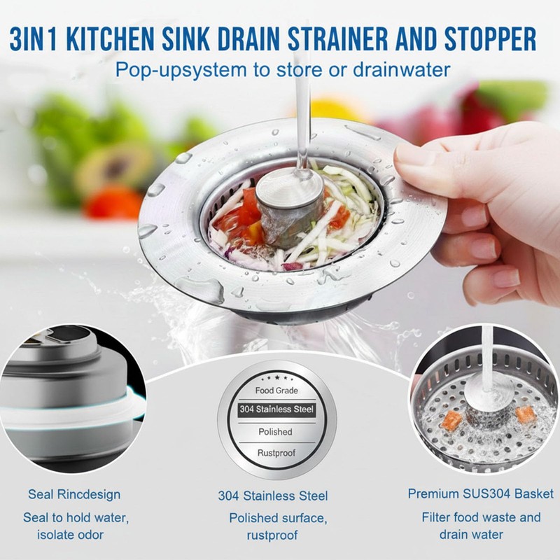 3-in-1 Kitchen Sink Drain Strainer, Pop Up Sink Stopper with