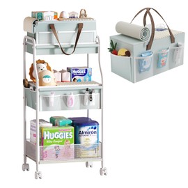 2 In1 Baby Diaper Caddy Organizer & Storage Cart, 3-Tier Rolling Diaper Organizers with Dividers and 12 Pockets，Durable Metal Utility Cart for Nursery, Bedroom,Baby Essentials Organization-Tidal Teal