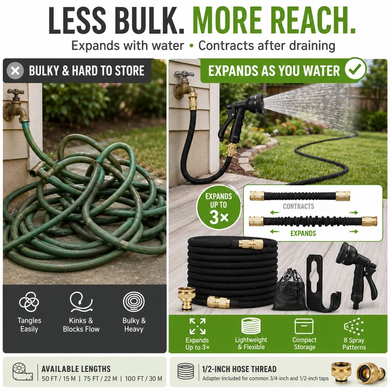 Expandable Garden Hose Kit with 8-Pattern Spray Gun, Metal Connectors,