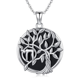 YYmqmq Tree of Life Necklace 925 Sterling Silver Jewish Hebrew Chai Pendant Black Onyx Celtic Jewelry Gifts for Women Girlfriend
