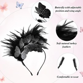 MWOOT Feather Butterfly Hair Accessories Headband, 1920s Fascinator Headpiece for Women, Black Feather 20s Headband with Butterfly for Carnival Cocktail Wedding Tea Party Accessories