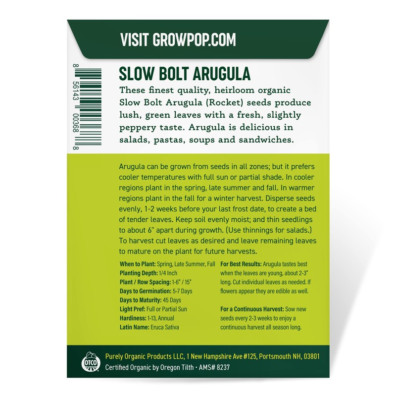Purely Organic Arugula Seeds (Slow Bolt) - Approx 400 Seeds