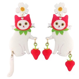 JIMARIN Lightweight Cute Acrylic Cat Flower Strawberry Dangle Drop Earrings Creative Funny Animal Stud Earrings For Women, Regular, Acrylic, No Gemstone