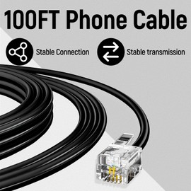 Uvital Telephone Extension Line Cord Cable Wire, 100 FT Black Long Phone Extension Line, RJ11 6P4C Phone Cord for Landline/Fax Machine/Home/Office
