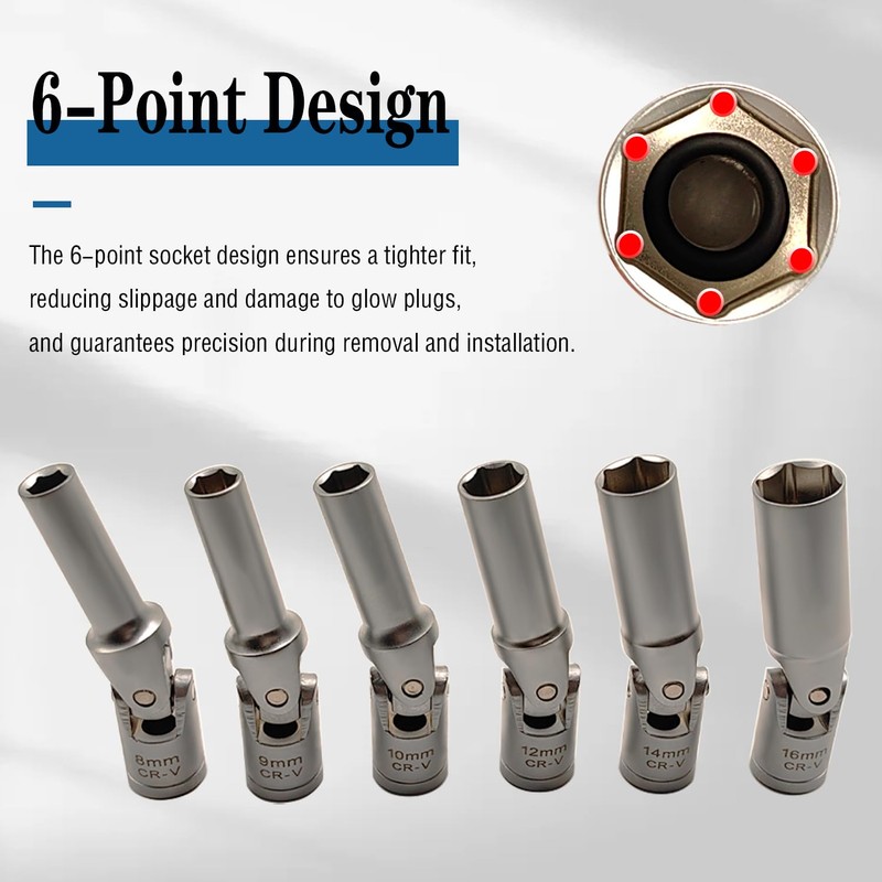JEUCLEL 6PCS 3/8" Glow Plug Socket Set, Universal Joint 8-16mm,