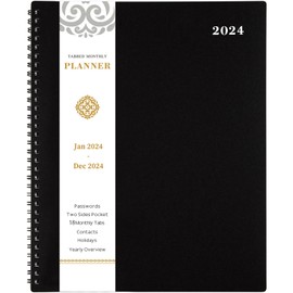 2024 Monthly Planner/Calendar - Monthly Planner 2024, Jan. 2024 - Dec. 2024, 12-Month Planner with Tabs & Pocket & Label, Contacts and Passwords, 8.5" x 11", Thick Paper, Twin-Wire Binding - Black by Artfan