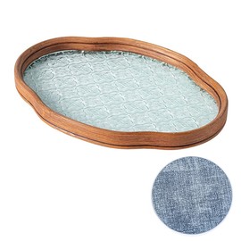 Miraixia "Chinoiserie Retro" Flora Glass Cafe Tray, Cloud, Ellipse, Floral Tray, Glass Tea Tray, Cafe Plate, Stylish, Glass Plate, Hanaitang Pattern, Wooden Frame Oriental Tray 11.4 x 8.1 x 1.0 inches