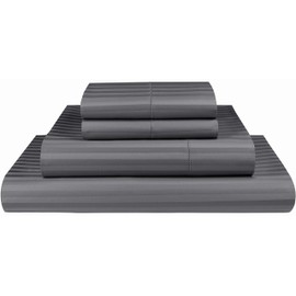 Threadmill Luxury Twin Sheets - 100% Pure Cotton 600 Thread Count, 3 Pc Stripe Damask Dark Grey Bedding Set, Smooth ELS Combed Cotton Sheets with Elasticized Deep Pocket