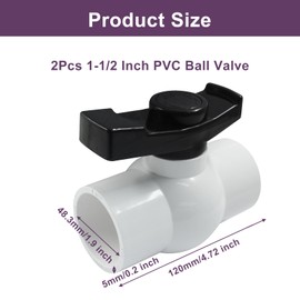 Dijedev 1-1/2 inch PVC Ball Valve, 2Pcs Shut Off Valve with Easy to Rotate Slip, PVC Ball Valve with "T" Nimble Handle Suitable for Commercial, Swimming Pool, Irrigation System, Rated at 150 PSI