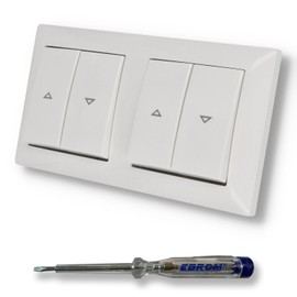 EBROM SET IDEE: BUSCH JÄGER 2 x Blind Switch Roller Shutter Switch 2000/4 US (2000/4US) Balance Si Alpine White Glossy Complete Set with Print Arrow Up/Down + EBROM Phase Tester for Mounting