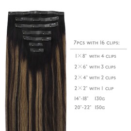 WENNALIFE Seamless Clip In Hair Extensions, 14 Inch 7pcs 130g Balayage Natural Black to Chestnut Brown Hair Extensions Clip In Invisible PU Weft Real Human Hair Extensions Clip In