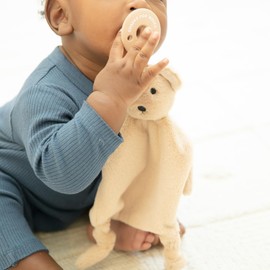 Bella Tunno Bubbi Buddy – Soft, Plush Lovey Pacifier Holder for Baby Pacifiers to Soothe, Comfort, and Bring Baby Teething Relief, Colorful Animal-Themed Baby Lovey (Bear)