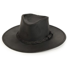 Minnetonka Outback Hat - Flat Brimmed Cowboy Hat for Men and Women Made with Distressed Ruff Leather, Hidden Steel Wire in Brim, and Subtle Leather-Braided Accent, Large-Black