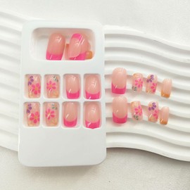 Flower Press on Nails Short Square Fake Nails with Pink French Designs Nude Full Cover Glue on Nails Glossy False Nails Press ons Spring Stick on Nails for Women 24 Pcs