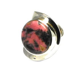 ADR2203161 Sterling Silver Rhodium Plated Oval Adjustable Ring, Sterling Silver, Rhodonite
