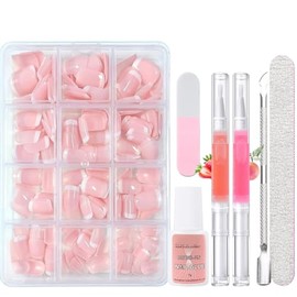 240 Stück Press On Nails Tips Set - Französisch Falsche Nägel Zum Aufkleben mit Cuticle Care Oil Pen (Short Suqare French 01, Normal)