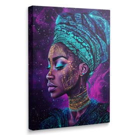 WGQNJDSD Cool Purple Fantasy Cyberpunk Technology African American Woman Portrait Canvas Wall Art, Space Theme Black People African Girl Girly Home Decor Ready to Hang (12"x16")