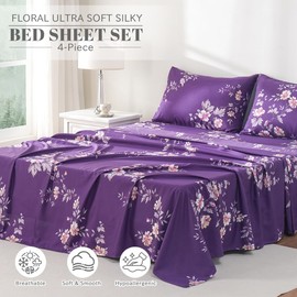 Bedlifes California King Sheet Set Ultra Soft, Breathable, Silky Flower Deep Pocket 100% Microfiber Bedding, 4 Piece Cal King Size Dark Purple Floral