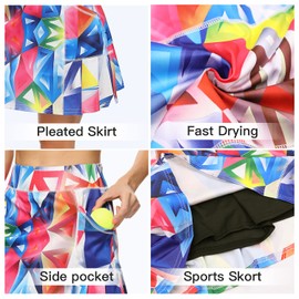 WOWENY Women's Athletic Tennis Skorts Summer Skirts for Women Running Golf Pickleball Skort Active Wear with Pockets (Print Geometric Rainbow-306, L)