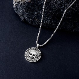 PROESS Memento Mori Necklace S925 Sterling Silver Skull Roses Coins Pendant Memento Mori Jewellery Gifts for Men, Sterling Silver, No Gemstone