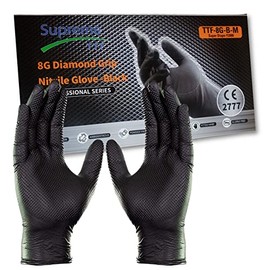 Supreme TTF Extra Strong 8.0 mil Thickness Orange HD Nitrile Powder Free & Latex Free Diamond Grip Gloves Box of 50 Gloves (Black, Large (Size 9))