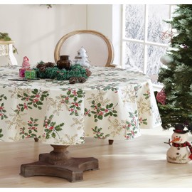 Newbridge Golden Holly and Berry Christmas Vinyl Flannel Backed Tablecloth - Metallic Gold Holly Holiday Print Wipe Clean Easy Care Kitchen, Dining Room Tablecloth, 60” x 84” Oval