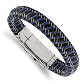 Real Stainless Steel Men's Black and Blue Leather Adj. 7.75in to 8.25in Bracelet 7.75"
