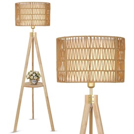 LAMSU Oak Wood Tripod Floor Lamps for Living Room, Boho Floor Lamp with Shelves, Mid Century Rattan Standing Lamp with Fabric Shade, ON/Off Switch, Farmhouse Tall Floor Lamps for Bedroom Office