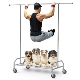 LiaMeE Heavy Duty Clothing Racks for Hanging Clothes, Adjustable Rolling Commercial Garment Rail on Wheels, Free Standing Standard Rod & Shelf for Wardrobe Organization, Chrome Plated
