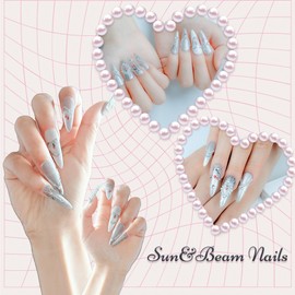 Sun&Beam Nails Handmade Press-on Long Amlond Silver Red White Rhinestone Pearl glossy Design Fashion False Nail Tips 10 Pcs Set (#173 S)