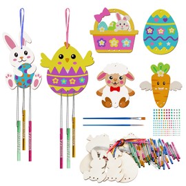 WEDNOK 12-Piece Easter Wind Chime Craft Set Children Easter Crafts Wooden Easter Crafts with Easter Eggs Easter Bunny Easter Chick Wind Chime Craft for Painting Decorating for Easter Decoration Spring