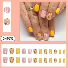 WAFOLOZE Press on Nails Short Square Yellow False Nails with Sunflower Press ons Designs Acrylic Nail Press on Artificial Stick on Nail for Women 24Pcs