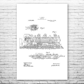 Steam Locomotive Poster Print, Railroad Engineer, Conductor Gift, Train Blueprint, Train Station Art, Steampunk Decor Black & White (12 inch x 16 inch)