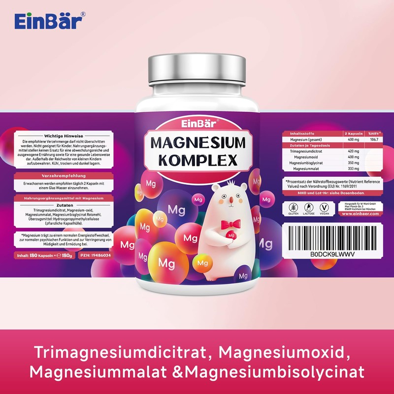 EinBär Magnesium Komplex: Hoch bioverfügbarer 4-fach Komplex (Trimagnesiumcitrat u.a.) 400mg,