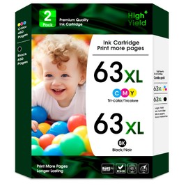 63 XL High Yield Ink Cartridge Combo Pack Replacement for HP 63 Ink; for HP Envy 4520 4512 4516； Officejet 3830 4650 4655 5200 5255 5252 5222；Deskjet 1112 2130 2132 3630 Printer (Black and Tri-Color)