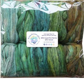 Hand Dyed Superfine Merino Tencel Roving for Spinning and Felting. 5oz, Greenery