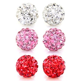 JewelrieShop Rhinestones Crystal Ball Stud Earrings Set Fireball Disco Ball Pave Bead Earrings Hypoallergenic for Women 8mm x 3 Pairs (White, Lt. Rose Pink, Red)