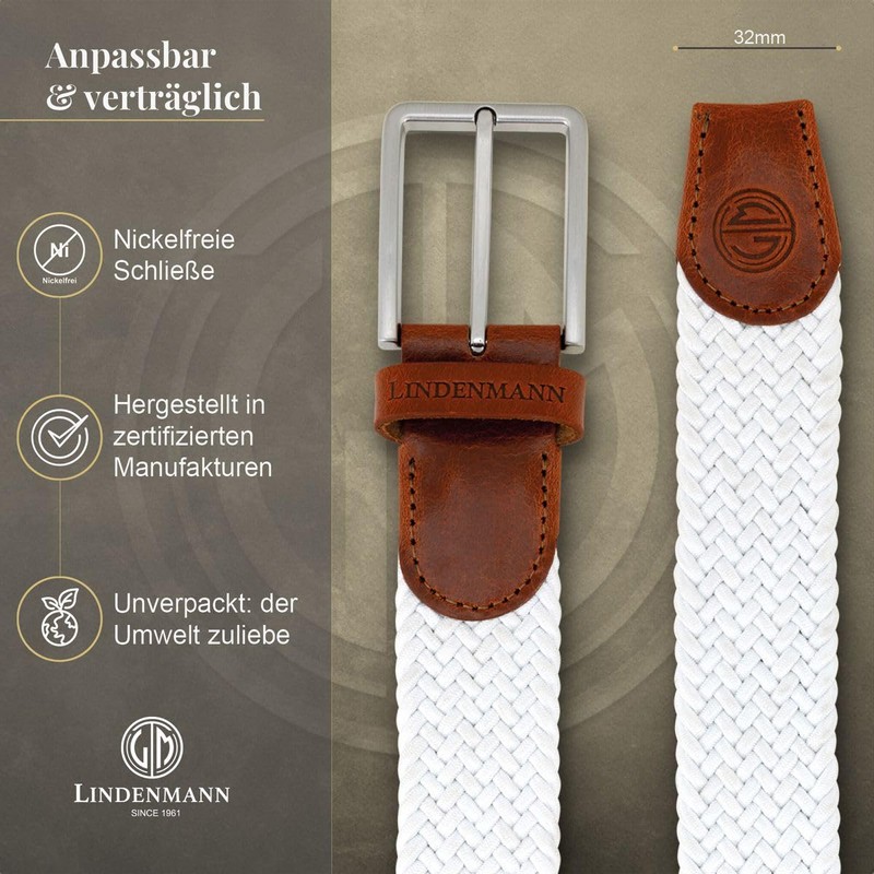 LINDENMANN Men's Stretch Belt Textile Braided Belt for Golf White,