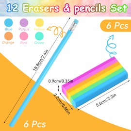 Rubbers and Pencils Set, 12 Pcs Plastic 2B Eraser and Triangle Pencil, Cute Rubbers/HB Pencils with Rubber/Pencil Eraser for Kids School Home Office Handwriting and Drawing (Colored)