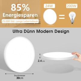 Ceiling Light LED Ceiling Light Flat Lamp - 3 Colours 3000/4000/6500 K Diameter 30 cm 24 W 2600 LM IP44 LED Lamp Ceiling Modern Bathroom Lamp Bathroom Lamp for Bathroom Bedroom Living Room Hallway