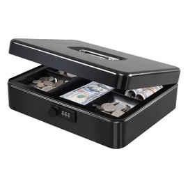 KYODOLED Metal Cash Box with Combination Lock Money Box for Cash Safe Metal Box with Money Tray for Security Lock Box 11.81"x 9.45"x 3.54" Black X Large
