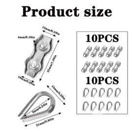 Pack of 10 Rope Clamps 3 mm and 10 Thimbles, Rope Clamp, Wire Rope Clamp 3 mm, Wire Rope Clamps, Stainless Steel Wire Rope Clamp for Steel Rope, Washing Line, Awning Fixed