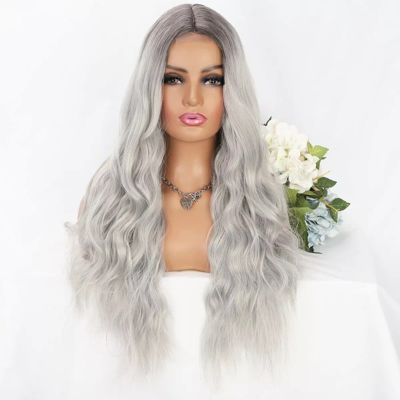 Darklove Peluca Larga De Mujer Color Gris Degradado Pelo Ola