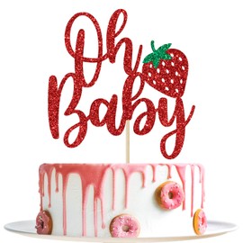 Fresa Oh - Decoración para tartas de bebé, fresa para baby shower, dulce, temática de frutas, decoración de fiesta de baby shower, purpurina roja